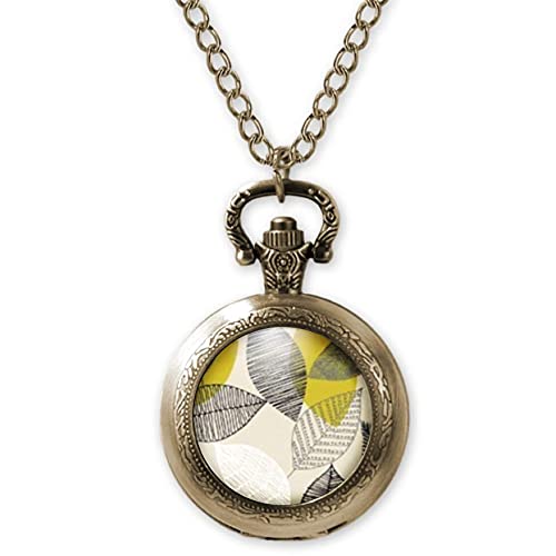 So Sweet - Montre à gousset, sautoir illustré, parure "Envol de feuilles", gris, jaune, blanc (ref.23).