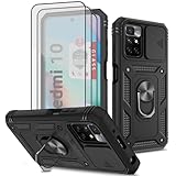 Xiaomi Redmi 10 Case, Redmi 10 4G Case with 3 Pcs Tempered Glass Screen Protector Built in Ring Stand Kickstand + Camera Cover, Hard PC Soft TPU Defender Full Body Protective Armor Case Cover - Black