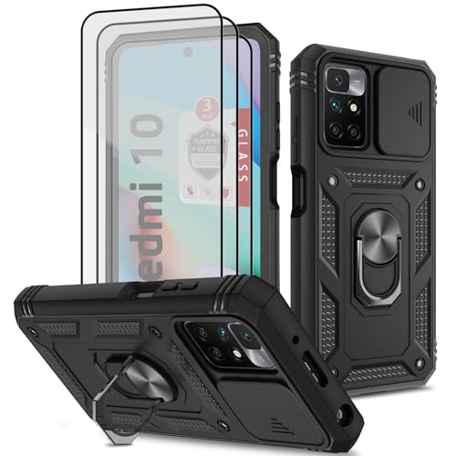 Xiaomi Redmi 10 Case, Redmi 10 4G Case with 3 Pcs Tempered Glass Screen Protector Built in Ring Stand Kickstand + Camera Cover, Hard PC Soft TPU Defender Full Body Protective Armor Case Cover - Black