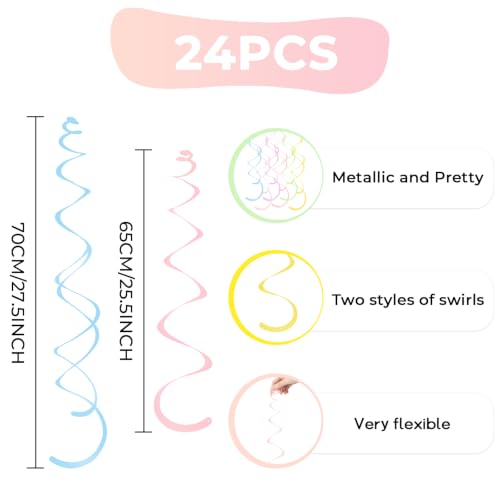 Image of 24 PCS Pastel Macarons Hanging Swirl,Sparkle Ceiling Hanging Decorations, Plastic Streamer Party Decorations with Double-Swirls and Single-Swirls for Birthday, Spring, Bridal, Gender Reveal, Wedding