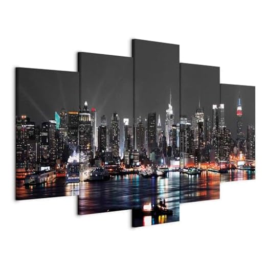 murando Cuadro en Lienzo 200x100 cm New York City Impresión de 5 Piezas Material Tejido no Tejido Impresión Artística Imagen Gráfica Decoracion de Pared - Ciudad Noche Nueva York d-A-0022-b-n