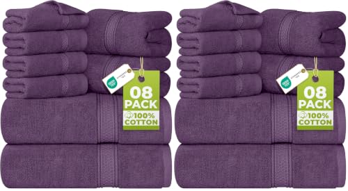 Image of Utopia Towels 8 Piece Luxury Towel Set - Majestic Plush, Super Absorbent & Quicker-to-Dry, Thick 100% Ring Spun Cotton Towels for Bathroom, Spa & Hotel - 2 Bath, 2 Hand, 4 Washcloths, Plum (Pack of 2)