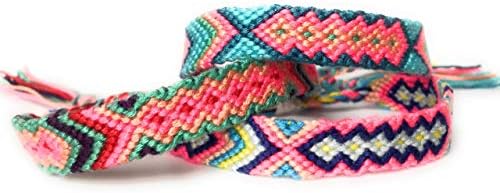 3 Woven Friendship Bracelets or Anklets, Neon String in Bright Colors with Aztec Pattern and Adjustable Knot