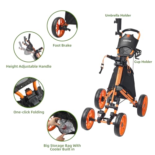 Image of Golf Push Cart 4-Wheels,Folding Golf Cart, Golf Pull cart with Cup Holder,Umbrella Holder,Cooler Bag, Foldable with one-Click,Handle Height Adjustable,Drink Holder,Walking Push cart