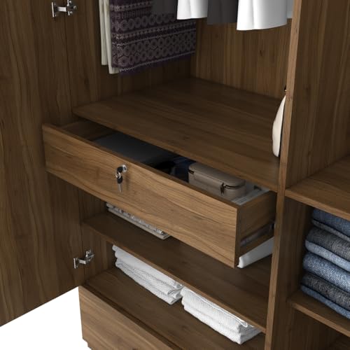 Image of Spacewood Linden Wardrobe | 3 Year Warranty | Almirah, Cupboard, Almari, 4 Door Wardrobe with Mirror, 3 Drawer (1 Lock Drawer) and 2 Hanging Space & 1 Internal Locker |Engineered Wood| Natural Teak