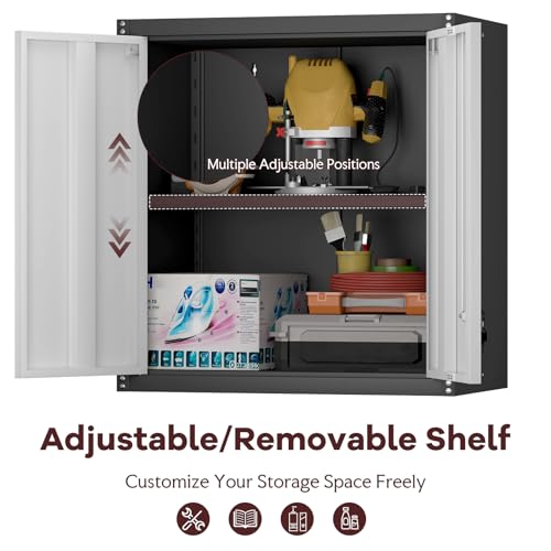 Image of Steel Wall Cabinet, Heavy Duty Hanging Garage Storage Cabinet with Adjustable Shelf & Locking Doors, Wall Mounted Metal Garage Cabinet for Workshop, Utility Room, Shed, Black /Grey