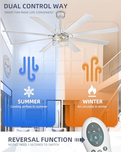 Image of YOUKAIN Ceiling Fans with Lights, 72 Inch Farmhouse Ceiling Fan with Light and Remote, 8-Reversible, Brushed Nickel Finish, Indoor /Outdoor Ceiling Fans for Living Room, Bedroom, 72-YJ632-BNW
