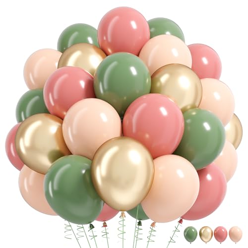Image of Sage Green Dusty Pink Balloon, 60 Packs 12 Inch Retro Green and Pink Metallic Gold Balloons, Baby in Bloom Balloons for Girls Women Birthdays Baby Shower Floral Fairy Woodland Party Decoration