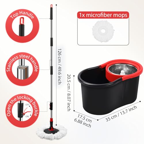 Spin Mop and Bucket, Mop and Bucket with Wringer Set for Home, 360 Spinning Mop Bucket Floor Cleaning Tool with One Microfiber Mop Replacement Head Refills,50" Extended Handle for Floor Cleaning Home - Image 4