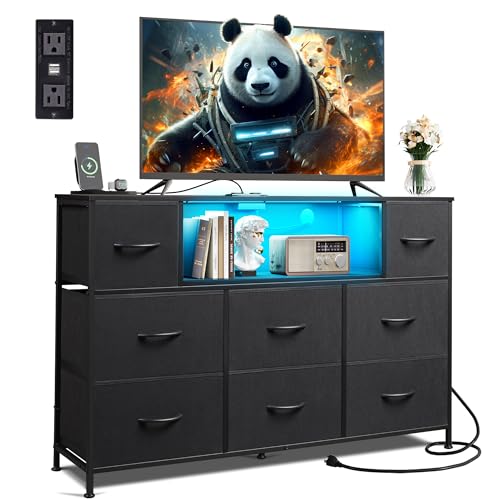 WLIVE Black TV Stand for 45, 50, 55 inch TV, Entertainment Center with LED Lights & Charging Station, TV Media Console Table with 8 Fabric Drawers and Open Shelves for Living Room, Hallway, Wood Top