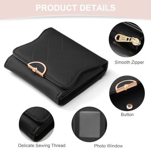 Cute Genuine Leather Wallet for Women RFID Blocking Bifold with Zipper Coin Pocket (Black)4