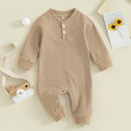 Image of Kuriozud Newborn Infant Unisex Baby Boy Girl Button Solid Romper Bodysuit One Piece Jumpsuit Outfits Clothes | Newborn Baby Girl Sleeper for Daily, Brithday, Halloween, Christmas, New Years, Valentines, St. Patrick's Day, Easter 0-9M