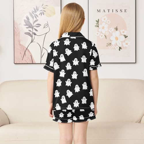 Satin Pajama Sets Short Sleeve White Ghosts on Black Button Down Silky Nightwear 2 Piece PJS 5-14Y4