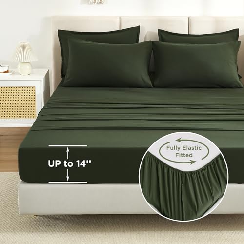 Litanika Dark Olive Green California King Size Comforter Set - 7 Pieces Bed in a Bag Cal King Bedding Comforter Sets, Plain Lightweight Bed Set with Comforter, Sheets, Pillowcases & Shams