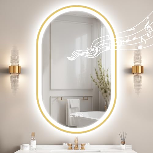 STARLEAD Oro Specchio-Ovale-Bagno-LED-con-Luce 80x50cm, Bluetooth, Antifog, Dimmerabile, 3 Colori Luce, Memoria, Vetro Temperato, IP44, Orizzontale/Verticale, Cornice non Metallica