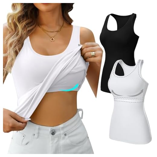 Charmo Unterhemd Damen BH Hemd Baumwoll Sommer Tank Tops mit integriertem BH Slim Fit Trägertop Tanktops Frauen Weiß Schwarz 2er Pack