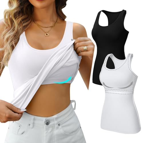 Charmo Unterhemd Damen BH Hemd Baumwoll Sommer Tank Tops mit integriertem BH Slim Fit Trägertop Tanktops Frauen Weiß Schwarz 2er Pack