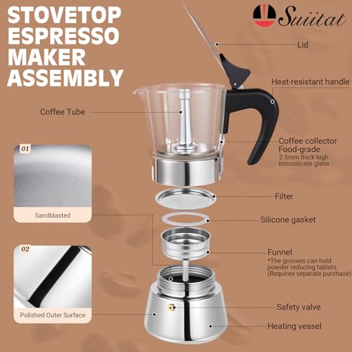 Image of Induction Moka Pot, 9 Cups (15.9 oz) Crystal Glass-Top & Stainless Steel Moka Pot, Classic Stovetop Espresso Maker, Silver