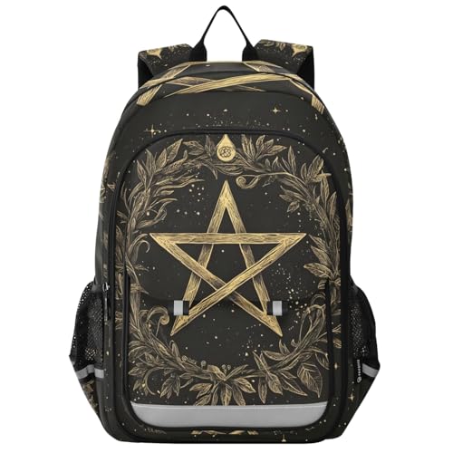 CHIFIGNO Mochila escolar antiga com folhas de pentagrama dourado e preto para meninas, meninos, leve, mochila de viagem, ensino médio, mochila para livros para trilhas, acampamento, Pentagrama antigo