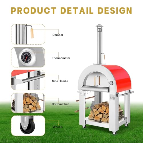 Image of Empava 32.5 inch Wood Fired Pizza Oven Grill with Stand and Wheels,for Outdoor Camping, Backyard, Garden,Patio, in Stainless Steel, Red