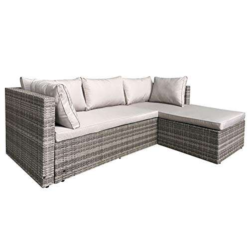 AmazonBasics Outdoor Patio Garden 3-pc Wicker Rattan Sectional Sofa Lounge Set with Cushions and Ottoman (Grey) - Thumbnail 2