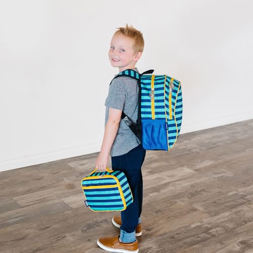 Image of Wildkin 15 Inch Backpack for Kids, Blue Stripes | Ages 5-10, padded straps, side water bottle pocket - coordinates with matching Wildkin lunch boxes