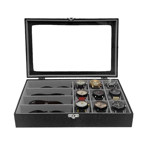 Estojo Caixa para 9 Relógios e 4 Óculos com Interno Cinza Maleta Organizadora