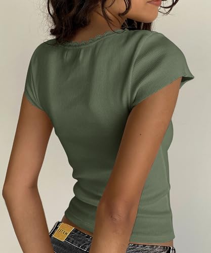 Yousify Womens Shorts Sleeve Crop Tops Summer Y2K Lace Square Neck Slim Fitted Basic Ribbed Tee Blouse Shirts2