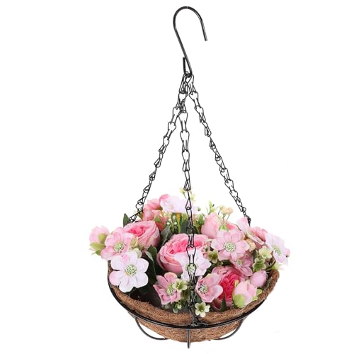 Flores artificiales de rosa y peonía en cesta de hierro resistente 2