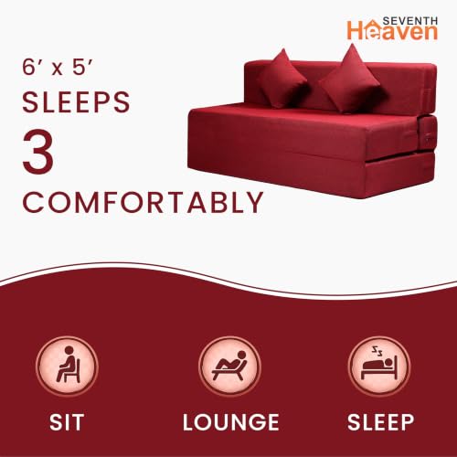 Image of Seventh Heaven 3 Seater 5 * 6 Jute Fabric Washable Cover Sofa Cum Bed 3 Seater Double Foam Fold Out Sofa Cum Bed (Finish Color - Maroon Delivery Condition - Pre-Assembled)