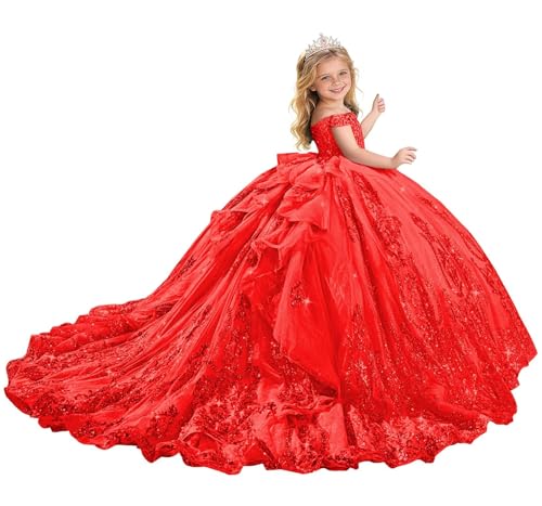 Tulle Lace Pageant Dresses for Girls with Bow Beaded Sparkly Flower Girl Dress for Wedding Tiered Off Shoulder Puffy Vestidos De Fiesta para ni帽a Red Size 5T