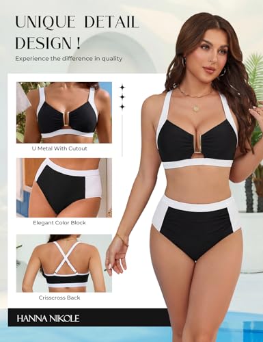 Hanna Nikole Women's High Waisted Bikini Sets Cutout 2 Piece Bathing Suit V Neck Push Up Swimsuit Retro Swimwear (Black, L) — view 3