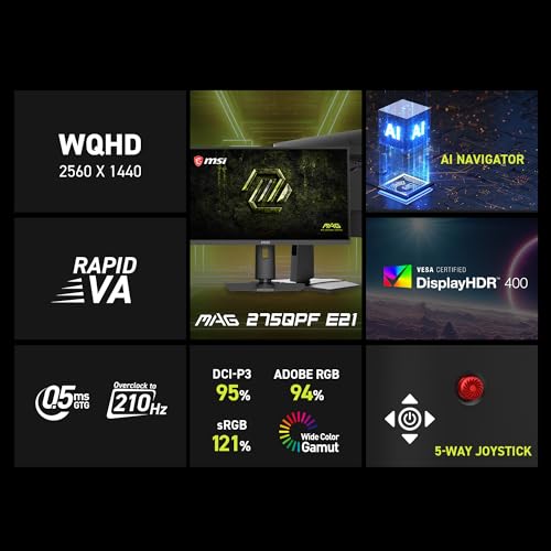 Image of msi MAG 275QPF E21 27-inch 2560 x 1440 (QHD) Gaming Monitor, 210Hz, FreeSync Premium Pro, G-SYNC Compatible, HDMI, DisplayPort, VESA Mountable, Tilt, Height Adjustable, Speaker, 0.03ms, Black
