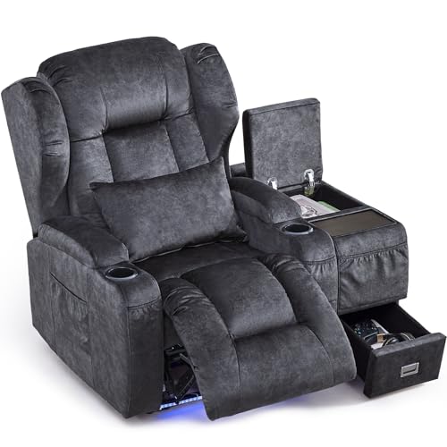 Image of DRMBOOK Power Recliner Chair, Electric Wall Hugger Reclining Sofa with Massage & Heat, Modern Theater Seating with LED Light /USB Port /Cup Holders for Living Room (Velvet Grey, 1 Chair with Console)