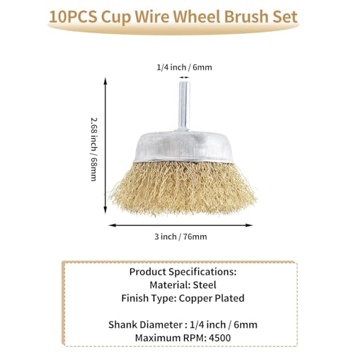 Image of 10 Pack Cup Wire Wheel Brush Set, 3 Inch Brass Coated Crimped Wire Drill Brush Set, 1 /4 Inch Shank Brush Kit Rotary Buffing Brush Wheel, Rust Removal Tool Set Coated Wire Cup Brush Set