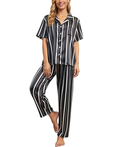 Image of UMBY Silk Satin Pajamas for Women Set 2 Piece button down Soft Silk Pjs Sets Cozy Silky Pajama Short Sleeve