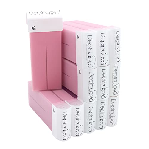 DEPILNUOVA - 12 Cartuchos Roll On de 100 ml universal. Cera Depilatoria Tibia. Cera profesional de Rosa para depilación con bandas depilatorias. Depilación de piernas axilas y cuerpo.