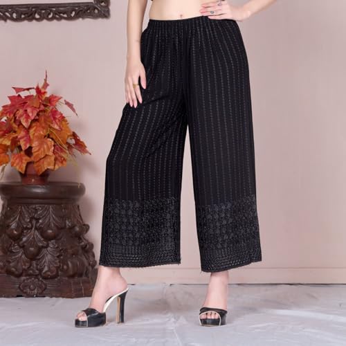 Image of VIVIKA Chikankari Palazzo Pants for Women |Rayon Wide Leg Ethnic Palazo with Embroidery | Comfortable Elastic Waist Women's Palazzo for Casual, Festive & Office Wear