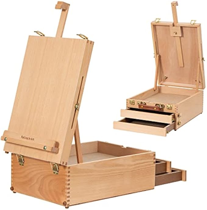 Falling in Art Wooden Tabletop Easel Box, Beechwood Sketchbox Table Easel with Storage Drawers, Portable Desktop Drawing Easel for Beginners and Professionals