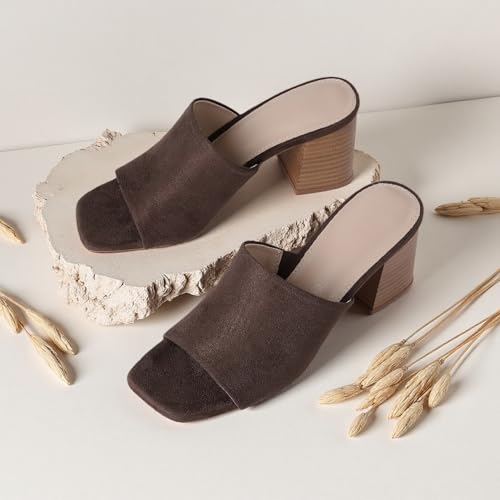 Image of Ancomafio Heeled Sandals for Women，Raffia Sandals 2026 Chunky Heels Square Toe Mules Block Summer Shoes Slip On