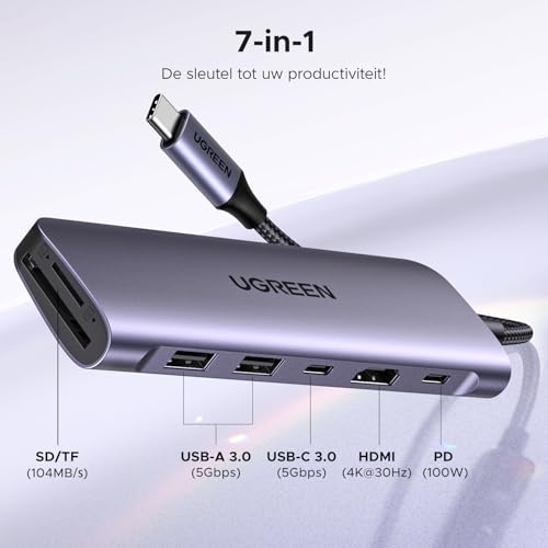 UGREEN 7-in-1 USB C hub 4K HDMI 30Hz, 100W PD opladen, USB C 3.0, 2x USB A 3.0, SD/MicroSD kaartlezer - Afbeelding 3