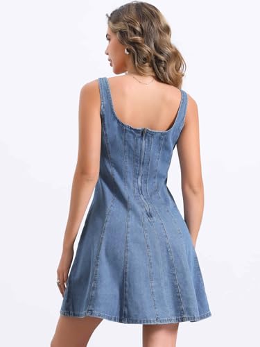 Image of Allegra K Denim Dress for Women's Casual Tank Square Neck Mini Dress
