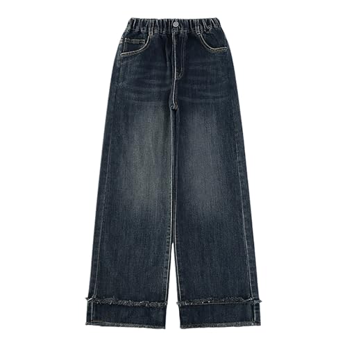 Teen Girls Baggy Straight Jeans Elastic High Waist Wide Leg Tassel Trim Denim Pants Kids Girls Stylish Stretchy Trousers