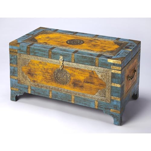 Starlight Canyon Home Mango Wood Storage Trunk Coffee Table with Brass Inlay, Hope Chest and Steamer Trunk for Living Room or Bedroom Decor