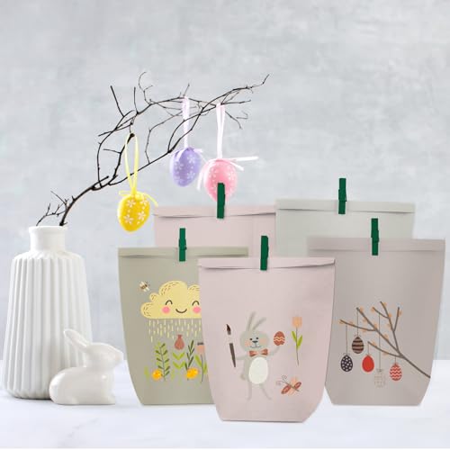 PANSIBY Ostertüten zum Befüllen, 12 Geschenktüten Ostern mit Farbigen, Osterhasen Motiv Hygge, Ostermotive Bedruckte Tüten mit Grün Klammern
