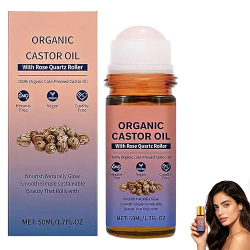 DESIYUE Organic Castor Oil Roll On with Rose Quartz Roller 100% Castor Oil Organic Cold Pressed Castor Oil Rose Quartz Roller Ball for Face and Body Hair Eyebrows Moisturize Skin (1PC)