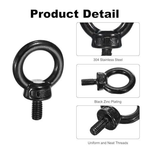 Image of PATIKIL Lifting Eye Bolts M6 x 12mm, 4 Pcs 304 Stainless Steel Shoulder Ring Threaded Screw Machinery Shoulder Eyebolt for Lifting Hanging, Black