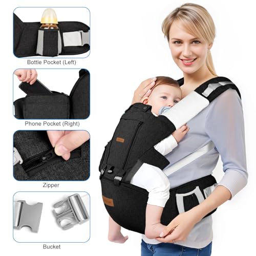 Baby Carrier Newborn to Toddler with Hip Seat & Lumbar Support, 9-in-1 Safety-Certified Wrap Carrier (4-36 Months/7-45lb) - Breathable Mesh Ergonomic Design for Front/Back/Hip Carry, Black - Thumbnail 5