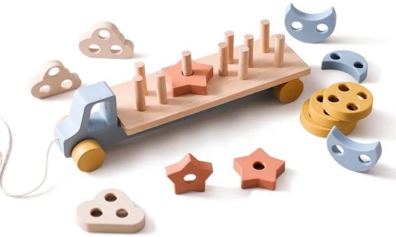 Truk Toy for Toddlers and Kids, Educational Montessori Toy Silicone wooden Toys, learning Toys for 1 2 3 Years old, walking toys for Boys and girls Preschool Shape Color Sorting Stacking Blocks