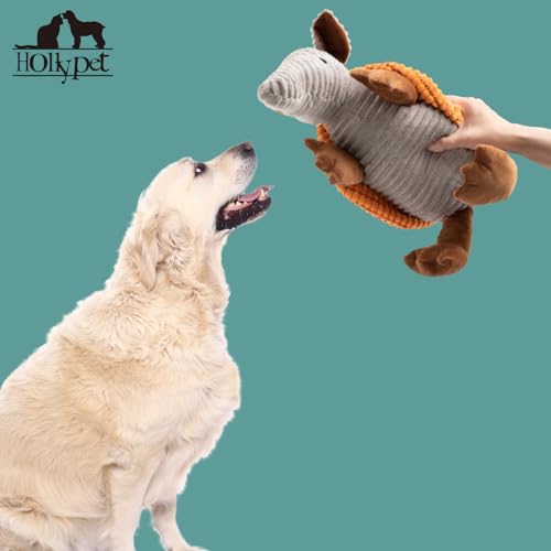 Image of Hollypet Plush Dog Squeaky Toy Stuffed Armadillo Animal Pet Puppy Chew Toys with Clean Teeth for Small Medium Large All Breed Sizes Dogs, Orange, 14 in